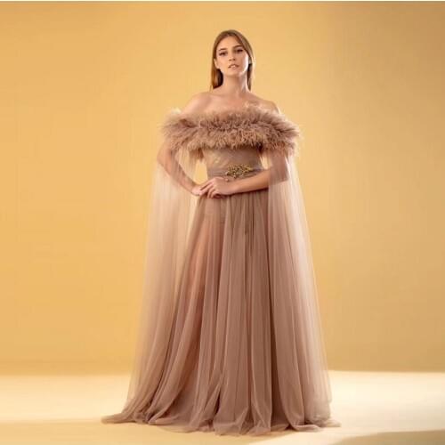 2019 Latest Elegant Off Shoulder Women Long Dress Champagne Fashion Feather Celebrity Mesh Long Sleeve Evening Party Dresses