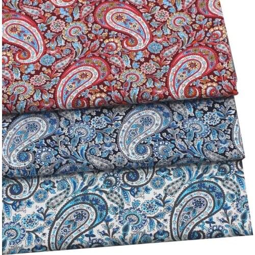 NEW Poplin 100% Cotton Ethenic Style WHITE NAVY RED Paisley Flower Fabric for Spring Summer Dress Shirt Blouse Quilt Craft Tissu