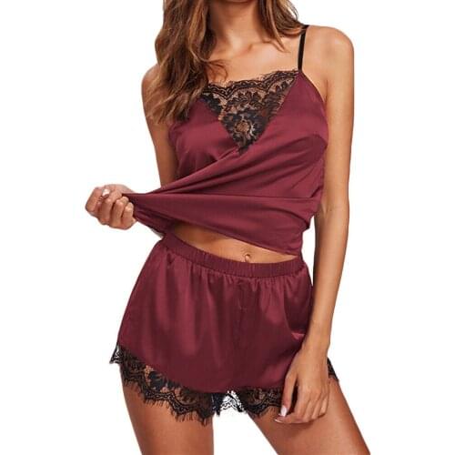 Pajamas Women Summer Simple Feminina Sleepwear Sleeveless Strap Nightwear Lace Trim Satin Cami Top Pajama Sets