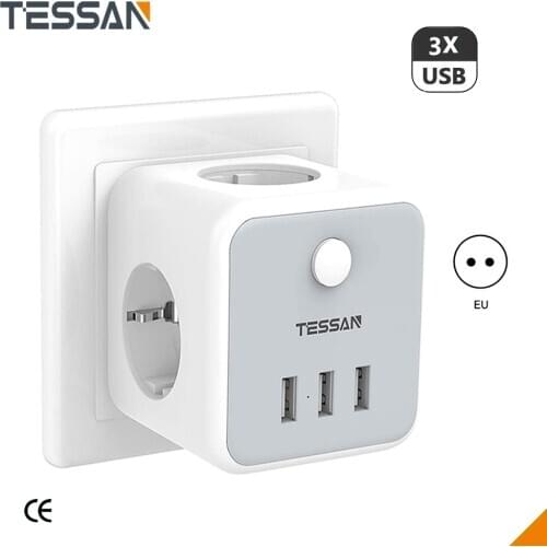 TESSAN Smart Plug for Home EU Plug Power Adapter Protable Power Strip with Swtich 3 EU Outlets 2 USB Charging Stations