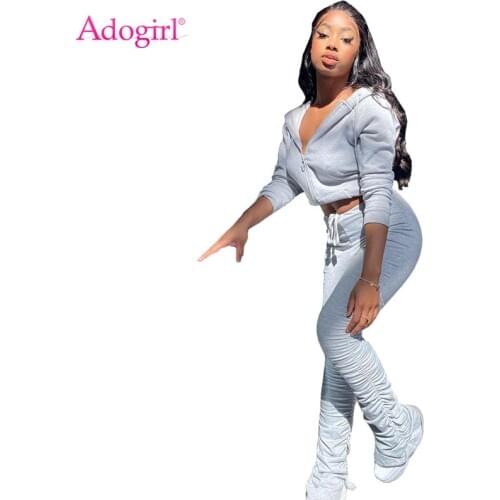 Adogirl Women Solid Two Piece Set Tracksuit Zipper Long Sleeve Hooded Sweatshirts Stacked Pants Casual Jogging Active Suits