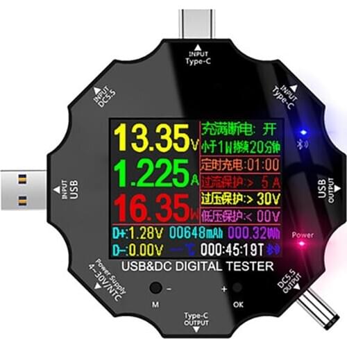 USB Power Meter Tester, Bluetooth USB Tester DC5.5 USB3.0 Type-C Current Voltage Monitor, Digital Color LCD Display Multimeter