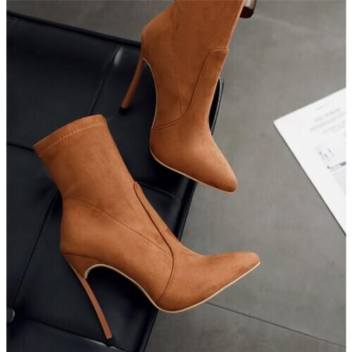 2020 Women 11.5cm High Heels Ankle Fetish Sock Boots Plus Size 42 Thin Heels Winter Boots Stiletto Suede Scarpins Brown Shoes