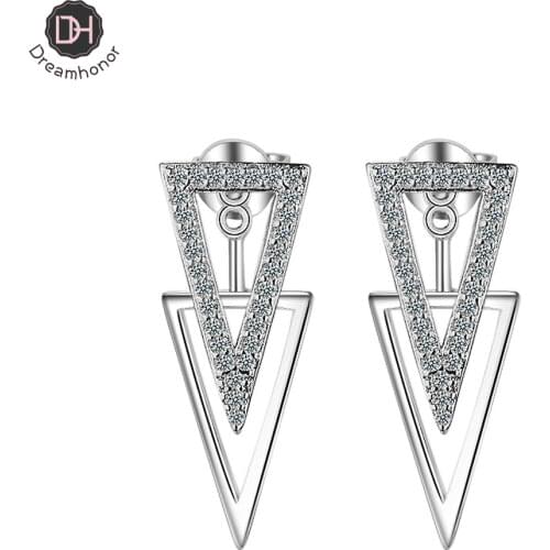 Dreamhonor 925 Silver Korean Double Triangle Geometric Back Hanging Stud Earrings Women Exquisite Girlfriend Jewelry Accessories