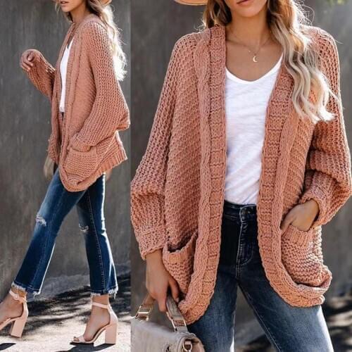 2020 Women Winter Solid Color Knitted Pocket Loose Large Size Cardigan Sweater Coat Womens Clothing свитер женский pull femme