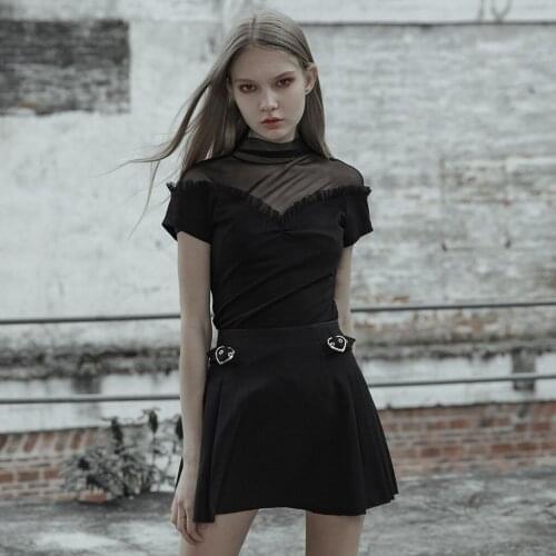 PUNK RAVE Womens New Goth High Neck Mesh Splicing Top Sexy Hollow Lotus Leaf Tight Knitted Short Sleeve Party T-shirts