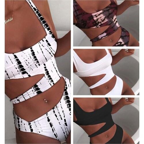 2021 New Brazilian Bikini Sexy One-Piece Solid Color Bikini Female Print Fashion Open Back Summer Swimming Suit For Women