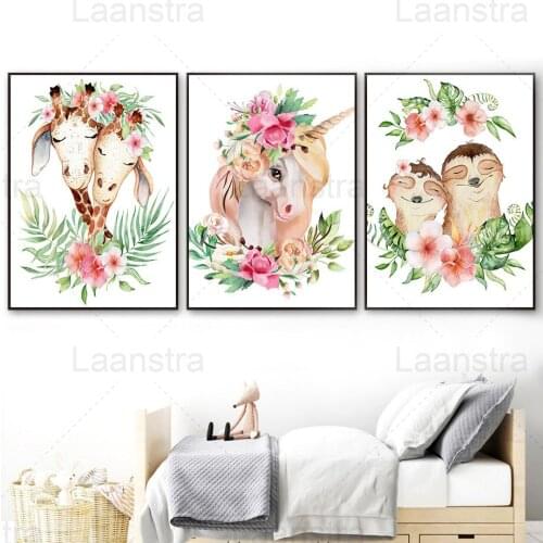 Cartoon Animal Home Decoration Painting Giraffe Unicorn Childrens Room Bedroom Wall Canvas Art Poster Plant Living Room Print