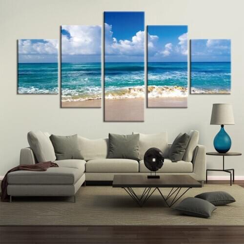 5 Panels Beach Ocean Scenery Canvas Painting Wall Art Modular Sea Blue Sky Wall Pictures for Living Room Home Decor