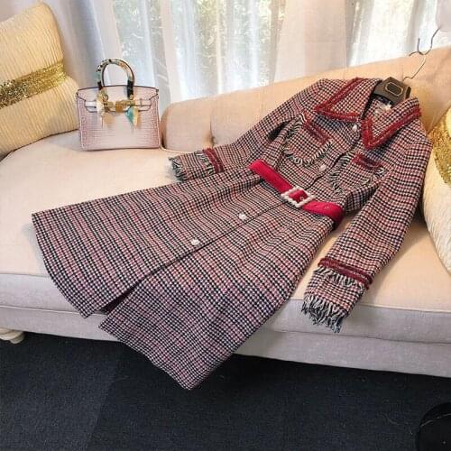 Brand Fashion Women High Luxury Winter Vintage Ladies Tweed Purple Midi Slim Pearl Buckle Woolen Coat