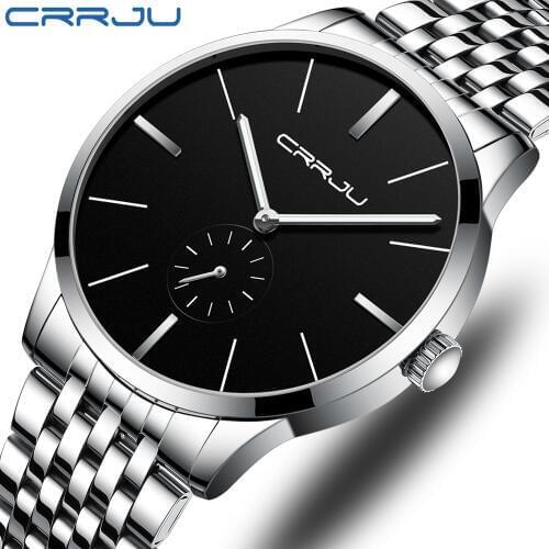 CRRJU Fashion Men Watch Luxury Silver Black Stainless Steel Quartz Wristwatch Casual Sport Waterproof Clock Relogio Masculino