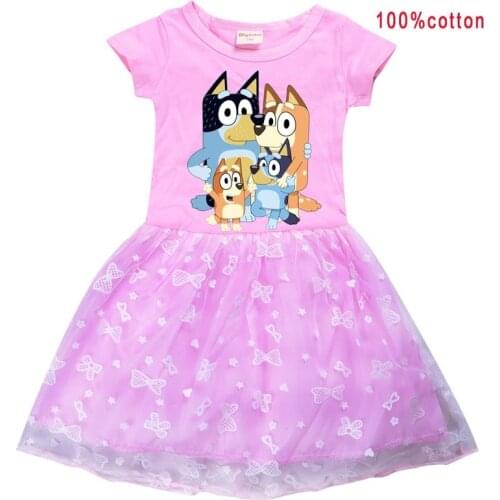 Bingo blueye Summer Girl Kid TShirt Colour Gauze Pleated Princess Patchwork Dress Cute Cartoon Printed blueye Baby Child Clothes