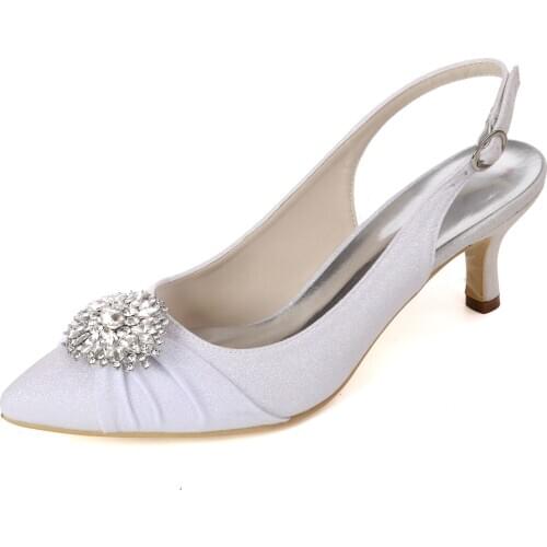 Elegant bling glitter lady medium heels pointed toe slingback pumps pleased crystal brooch bridal wedding party prom dress shoes