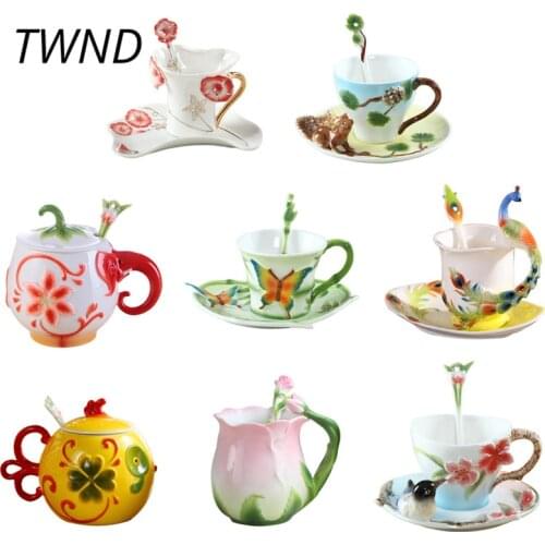 Enamel Coffee Mugs Procelain Tea Water Cups With Saucer Spoon Creative Drinkware