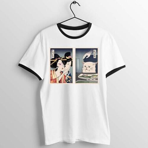 Black Trim Unisex T Shirt woman yelling at a cat meme traditional Japanese painting funny Artwork Printed Tee