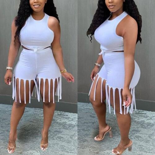Hirigin Solid 2 Piece Set Sleeve Tank Tops and Tassel Biker Shorts for Women Summer Tracksuit Women Sexy Party Matching Sets