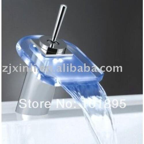 X8340B1 - Single Handle Chrome Finishing LED Color Change Glass Waterfall Bathroom Sink Faucet