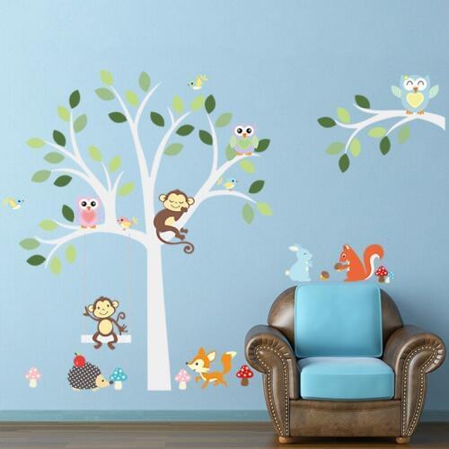 New Monkey Owls Tree Wall Art Mural Decor Kids Room Nursery Wallpaper Decal Sticker Zoos Paradise Wall Applique