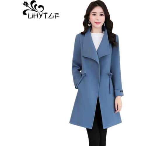 UHYTGF coat female fashion lapel lace up spring autumn woolen jacket Korean slim thin tops temperament women plus size coats 918