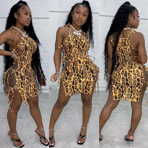 SKMY Dresses For Women Party Sexy Leopard Print Lace-Up Hollow Out Sling Stitching Bodycon Mini Dress Sleeveless Vintage Clothes