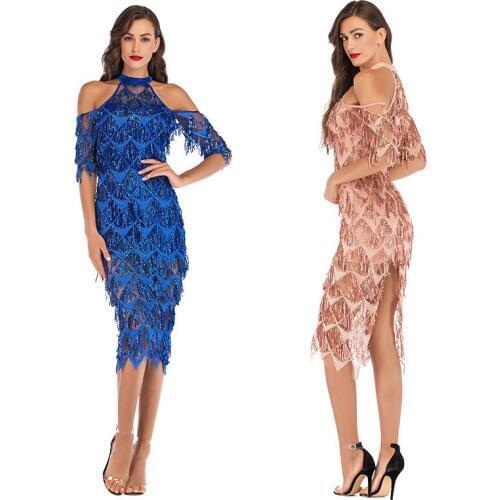 Women Elegant Sequined Evening Party Dress Cold Shoulder Formal Vestidos Mesh Runway Dress Sexy Night Club Tassels Fringe Dress