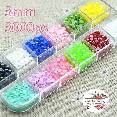 3000pcs/lot 3mm 12 color AB half pearl Flatback half round Beads Jewelry Crafts Decoration ScrapBooking