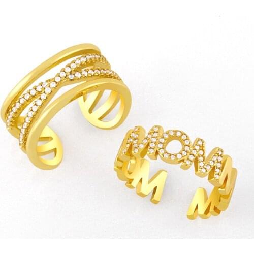 Gold Plated Mom Open Cuff Rings Adjustable CZ Pave Bypass Finger Ring Stackable Wholesale Jewelry Mothers Day Gifts rigk40