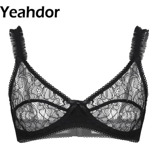 Sissy Mens Soft See Through Sheer Floral Lace Lingerie Bras Nightwear Wire-free No Padded Bralette Bra Tops Erotic Underwear