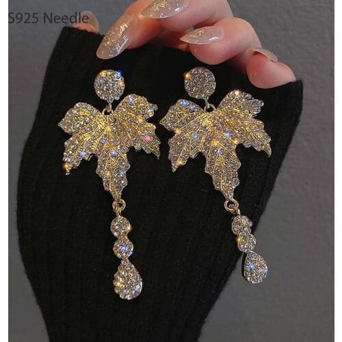 925 Sterling Silver Needle Long Dangle Drop Earrings for Women Jewelry Shining Maple Leaf Female Earrings