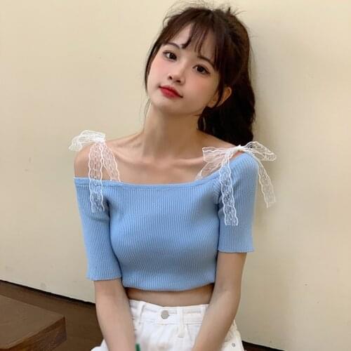 Lace Strap Off Shoulder Women Slim Tops Summer Patchwork Knitted Short Sleeve Loose Tshirts