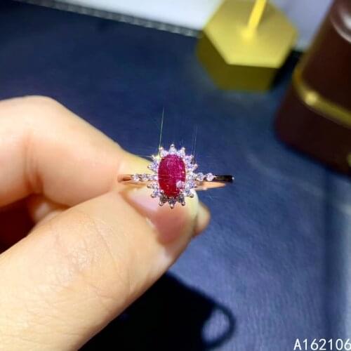 925 Pure Silver Chinese Style Natural Ruby Womens Classic Noble Flower Oval Adjustable Gemstone Ring Fine Jewelry Support Detec