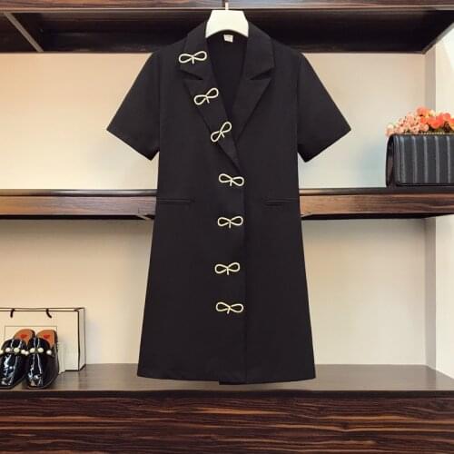 Plus size women bow diamond blazer dresses Summer short sleeve notched black vintage elegant midi dresses office ladies vestidos