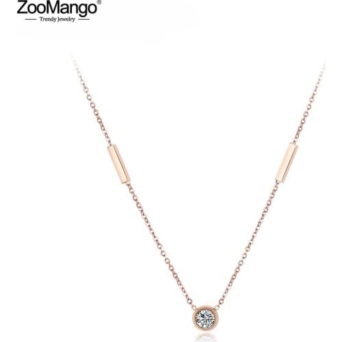 ZooMango Trendy Geometric Cuboid Choker Necklace For Women Rose Gold Stainless Steel CZ Crystal Wedding Pendant Necklace ZN18057