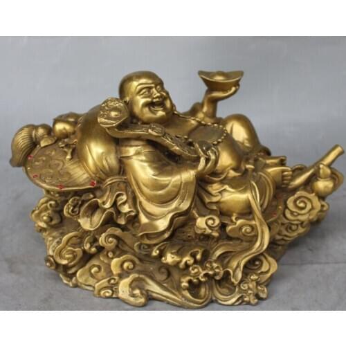 10" Chinese Bronze Wealth Yuanbao Money Happy Laugh Maitreya Buddha Ruyi Statue