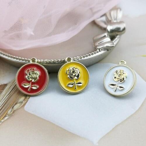 18*21mm 10 Enamel Rose Round Fits European Charm Rose Flower Alloy Metal Charm OR Pendants Women Jewellry Making Accessories