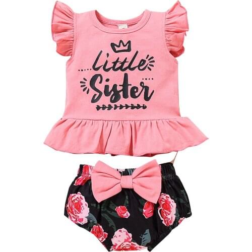 2PCS Baby Girl Summer Clothes Ruffle Sleeve Letter Print Tops + Floral Bloomers Set