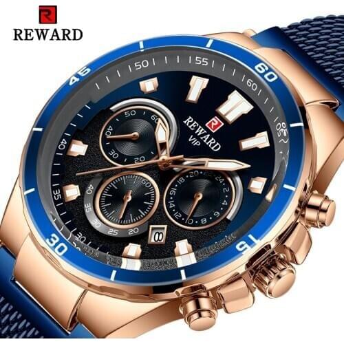 REWARD Rose Gold Men Wristwatches Quartz Luminous Hands Big Dial Calendar Display Mesh Belt Relógio Masculino