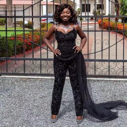 Black Sequin Jumpsuit Prom Dresses Spaghetti Strap Tulle Overskirt Evening Party Outfit Ankle Length Special Occassion Pants