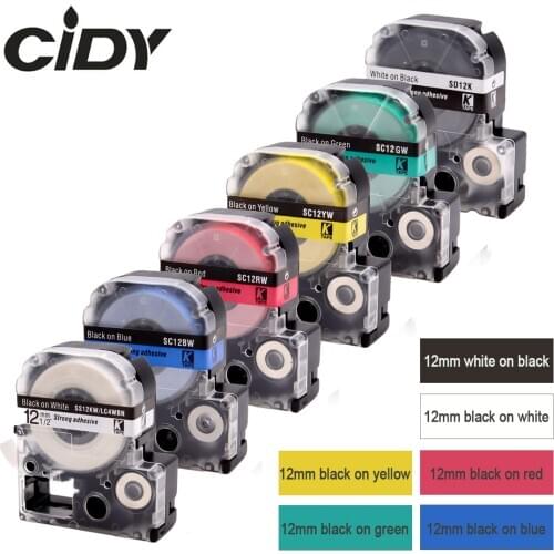 CIDY 6PCS SD12KW SS12KW SC12GW SC12YW SC12BW SC12RW 12MM black on white tape for kingjim/epson label maker LW300 LW400 SR150