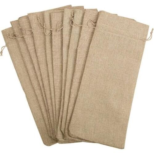 10pcs Jute Wine Bags, 14 x 6 1/4 inches Hessian Wine Bottle Gift Bags with Drawstring