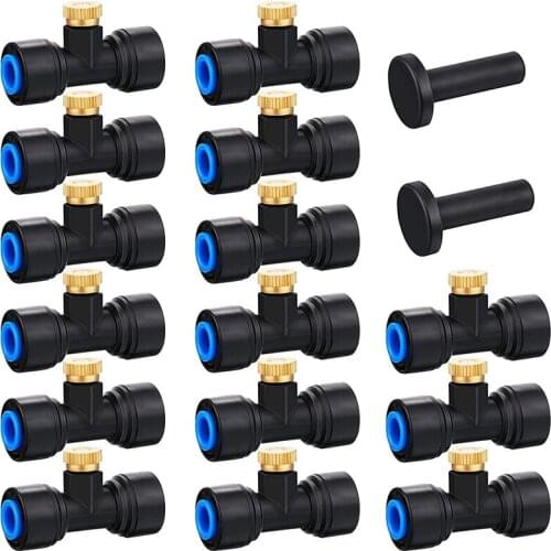 HLZS-15 Pieces Brass Misting Nozzles 1/4 Inch Slip Lock Mister Nozzles Thread Misting Nozzle Tees with 2 Pieces Plugs