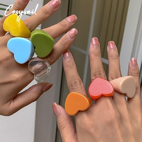 Cosysail Sweet Colorful Heart Transparent Resin Acrylic Rings for Female Girl Y2K Simple Party Vacation Aesthetic Jewelry Gift