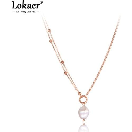 Lokaer Trendy Titanium Stainless Steel White Pearl Pendant Necklaces Jewelry Rose Gold Bohemia Chokers Necklace For Women N21014
