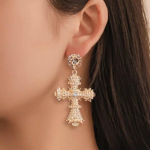 Fashion Gold Color Exaggerated Earrings Cross Pendant Drop Dangle Earrings Women Jewelry 8.5*5CM