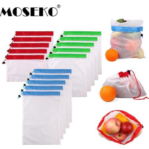 MOSEKO 3/15pcs 3 Sizes Reusable Mesh Produce Bag Washable Eco-Friendly Bags Grocery Bag Holder Fruit Vegetable Organizer Pouch