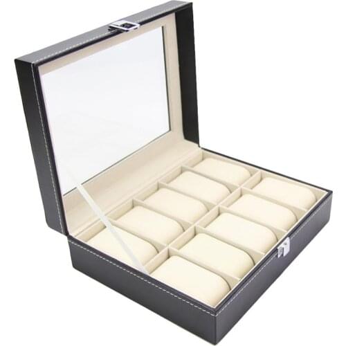 Men Watch Box Black PU Leather Display Jewelry Box Storage Box Storage Box With Lock Glass High Quality Large 10 Grid