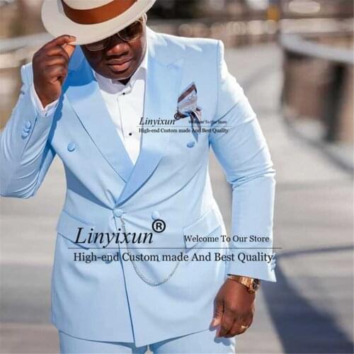 Light Blue Men Suit Slim Fit Double Breasted Peaked Lapel Wedding Groom Tuxedo Prom Man Fashion Costume Homme 2Piece Jacket Pant