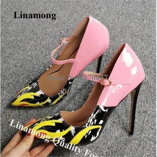 Linamong Newest Pointed Toe Patchwork Stiletto Heel Pumps Printed Patent Leather Ankle Strap High Heels Formal Dress Shoes