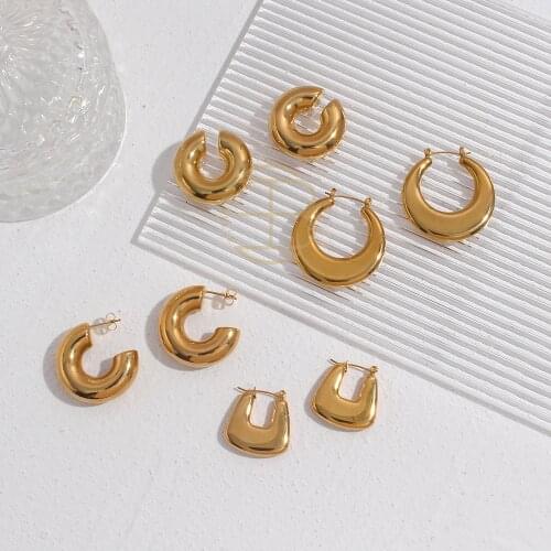 Wholesale Stainless Steel Jewelry for Women PVD Gold Plated Chunky Smooth Earrings Big Chubby Hoops Unusual Earrings For Girls