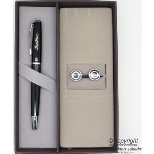 Scrikss Sleeve Button Besiktas Gift Pen Set MD-2222 | Sleeve Button + Pen Set | Scrikss Pen | İsme Custom pen | Hediyel